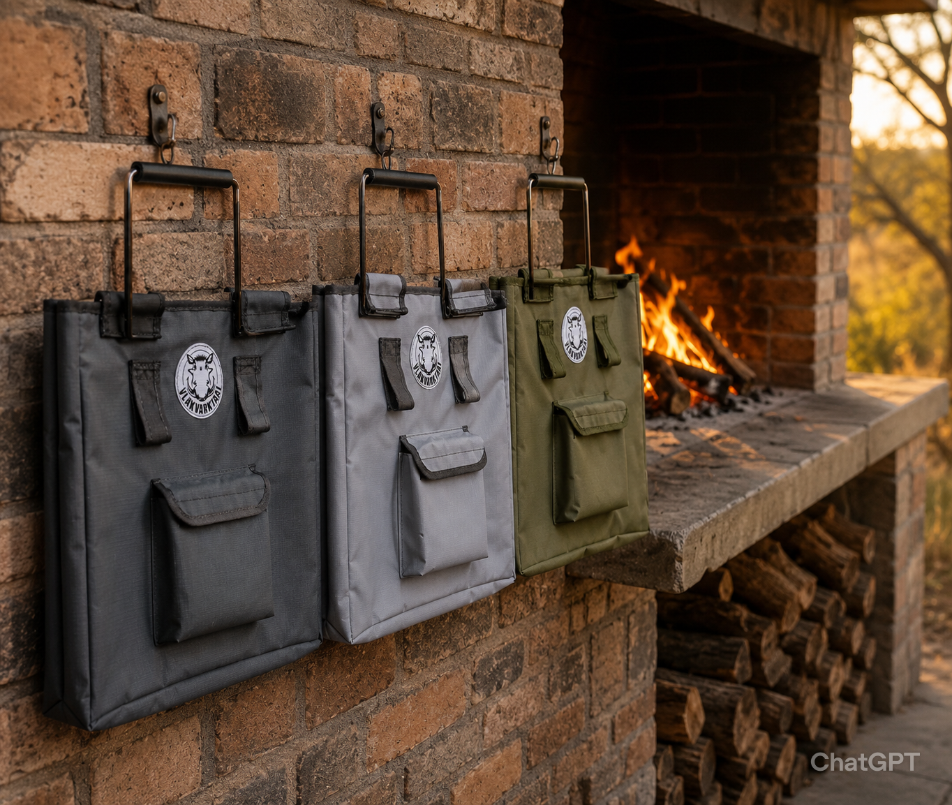 Vlakvarktaai Braai Grill Bag hanging beside a brick braai